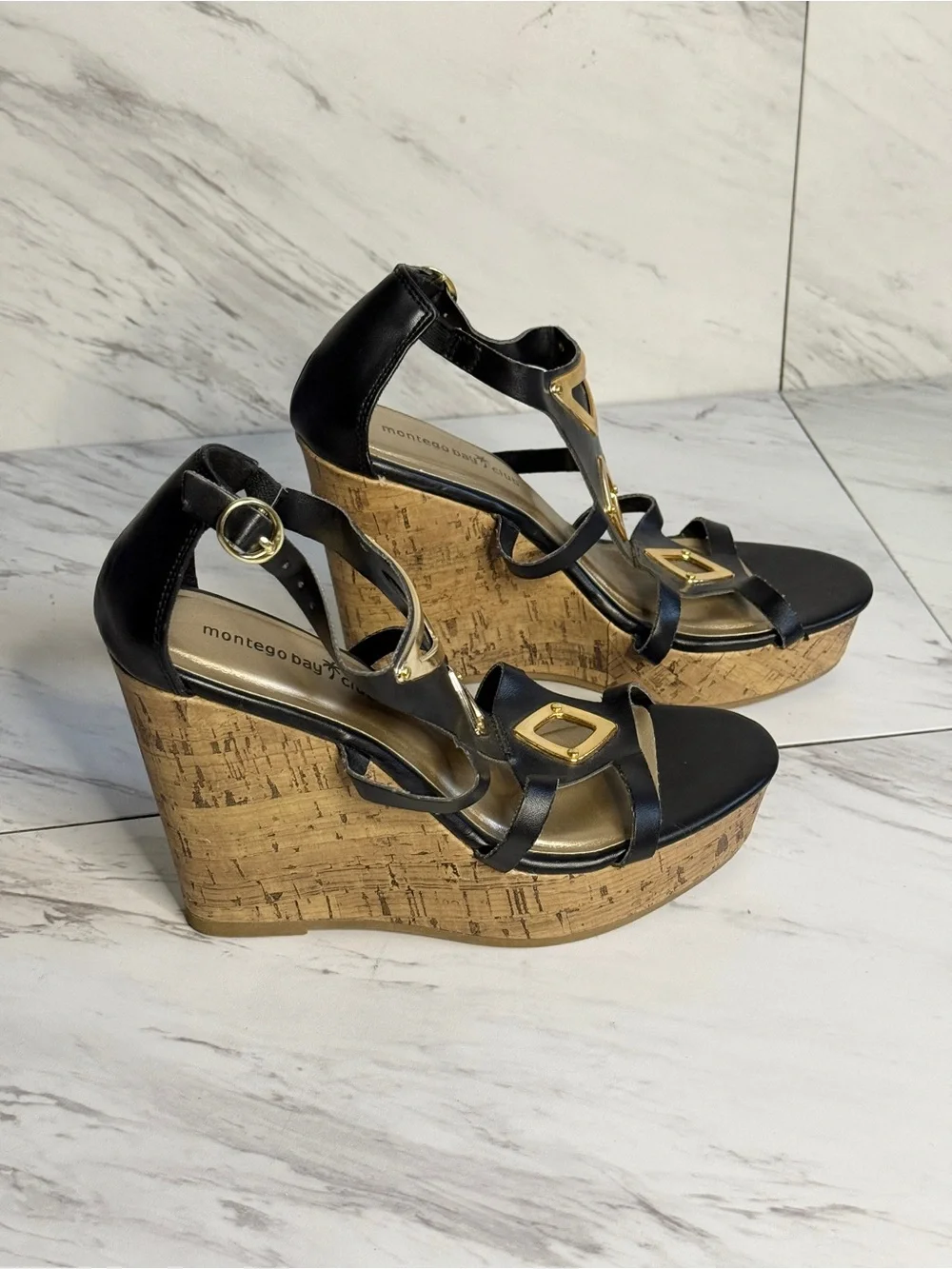 3/$50 Montego Bay Club Black Gold Cutout Cork Wedge Sandals Gladiator Heels 8.5